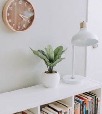 photo de une etagere dans un appartement avec des livres une plante une horloge et une lampe